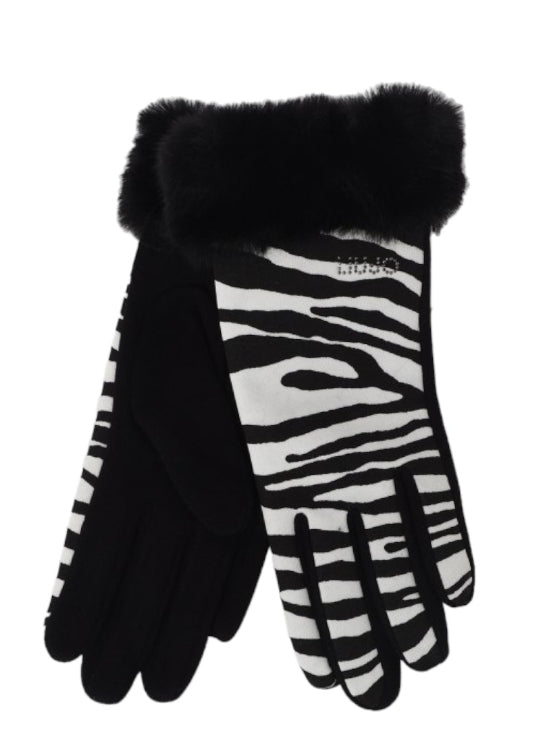 Liu Jo Guanti Stampa Zebra Con Polsini In  Pelliccia Sintetica 2F3152 M0300 Bianco Nero