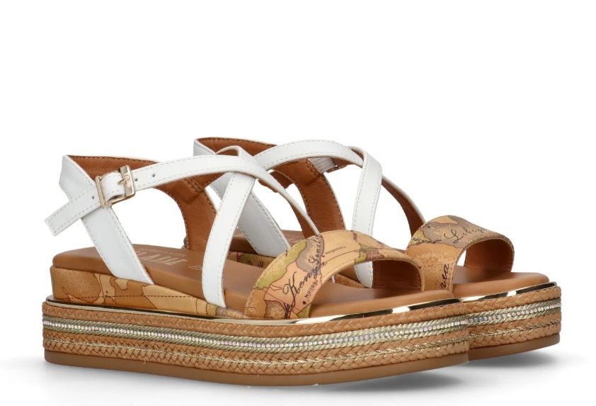 Alviero Martini 1A Classe Sandali Con Zeppa Inserti Strass N 2184 0371 Geo Beige Classic Bianco