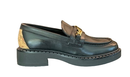 Alviero Martini Mocassino In Pelle Logo Catena Dorato  H40 Z 0922 5787B Col 0001 Nero