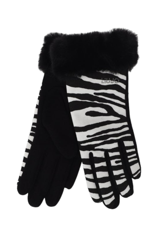 Liu Jo Guanti Stampa Zebra Con Polsini In  Pelliccia Sintetica 2F3152 M0300 Bianco Nero