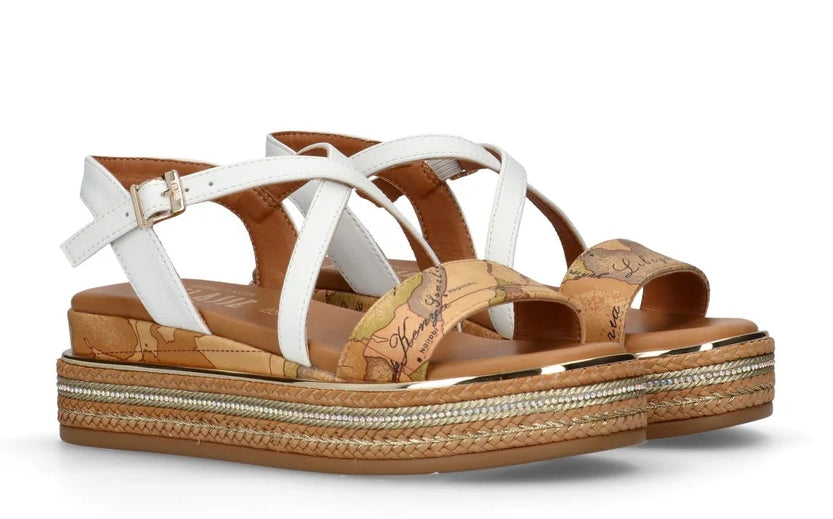 Alviero Martini 1A Classe Sandali Con Zeppa Inserti Strass N 2184 0371 Geo Beige Classic Bianco