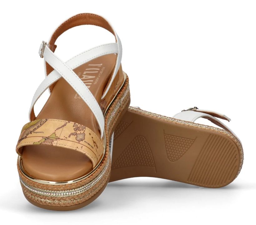 Alviero Martini 1A Classe Sandali Con Zeppa Inserti Strass N 2184 0371 Geo Beige Classic Bianco