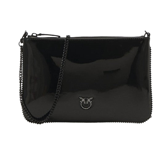 Pinko Pochette Flat Classic Eco Vernice Logo Strass Nero Limousine
